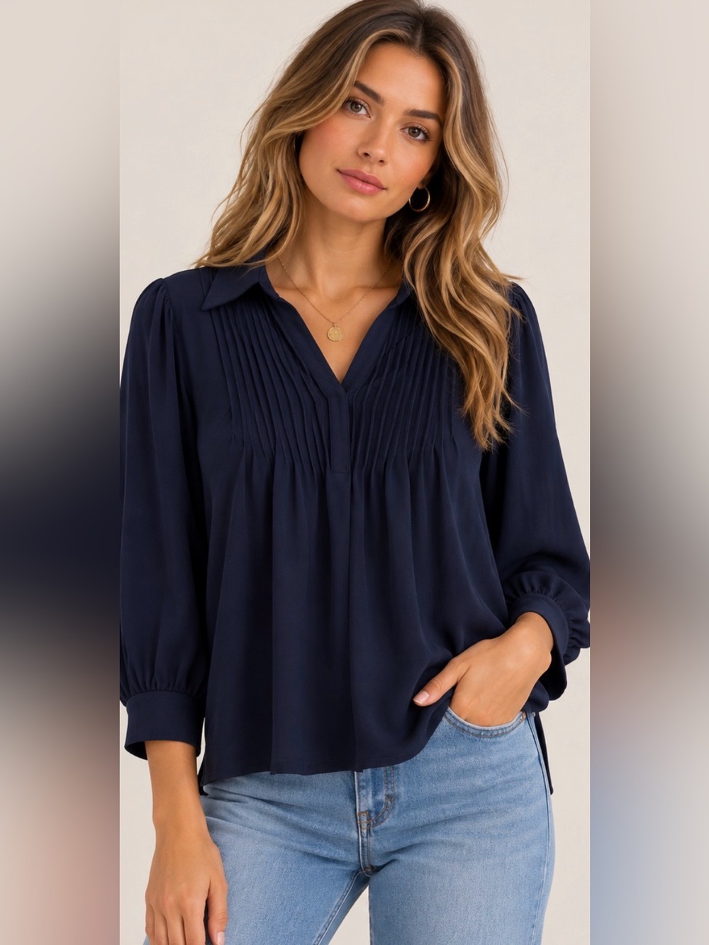 Adrianna Papell Navy Pintuck Pleated V-Neck Long Sleeve Blouse